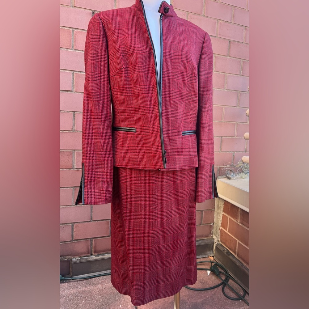 Carlisle Red Checkered Skirt Suit with Black Faux Trim